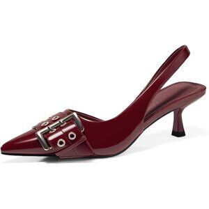 Women's Red Slingback Kitten Low Heel Closed Pointed Toe Pumps D’Orsay Buckle
